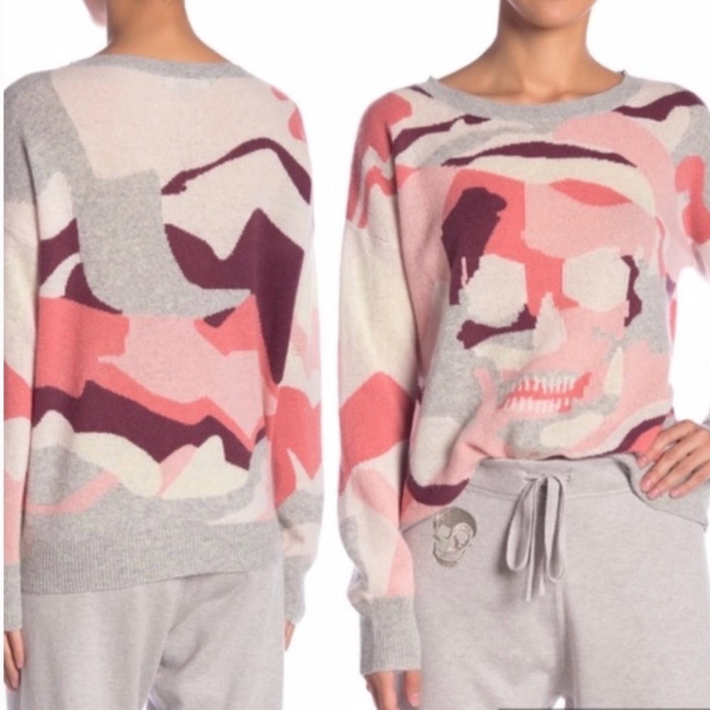 Skull Cashmere Arden Skull Camo Print Crew Neck Sweater Pink Camouflage Sz Small